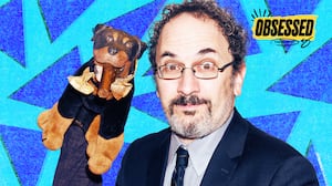 A photo illo illustration of Robert Smigel and Triumph the Insult Comic Dog for the Obsessed podcast.