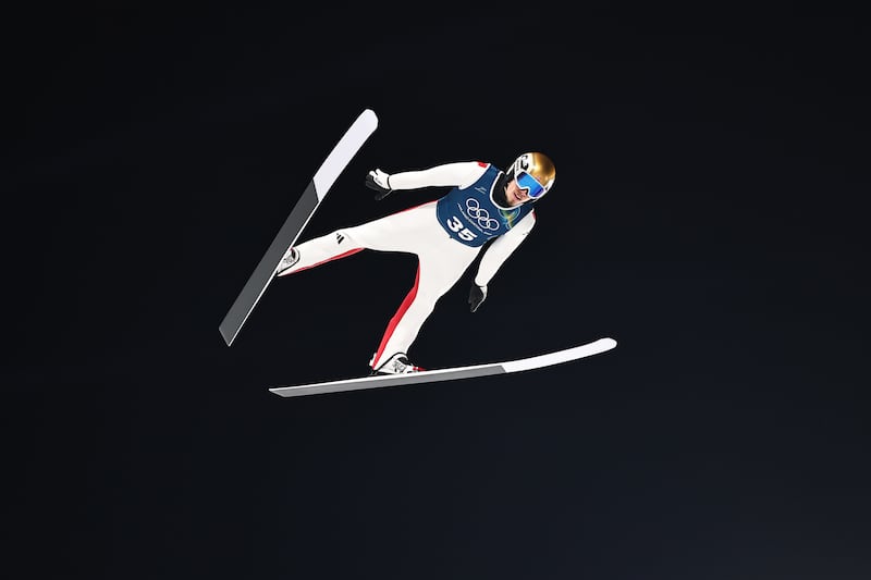 05 February 2026, Italy, Predazzo: Olympia, Olympic Winter Games Milan Cortina 2026, Ski jumping, men, normal hill, training, Johann Andre Forfang (Norway) in action. Photo: Daniel Karmann/dpa (Photo by Daniel Karmann/picture alliance via Getty Images)