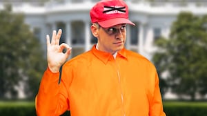 A photo illustration of Milo Yiannopoulos in an orange jumpsuit.