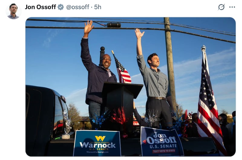 U.S. Senators Jon Ossoff and Raphael Warnock celebrating their election victories in Georgia.