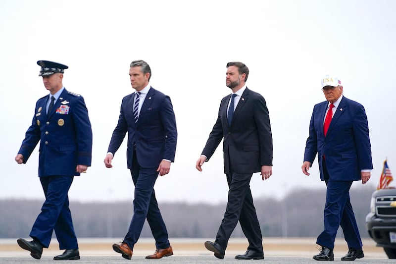 U.S. President Donald Trump, Vice President JD Vance, Defense Secretary Pete Hegseth and Joint Chiefs of Staff Chairman General Dan Caine