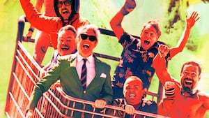A photo illustration of Jason 'Wee Man' Acuña, Dave England, Johnny Knoxville, Ehren McGhehey, Chris Pontius, Steve-O, and Preston Lacy in Jackass: Best and Last.