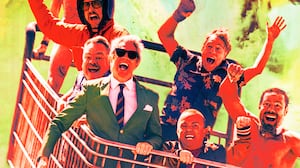 A photo illustration of Jason 'Wee Man' Acuña, Dave England, Johnny Knoxville, Ehren McGhehey, Chris Pontius, Steve-O, and Preston Lacy in Jackass: Best and Last.