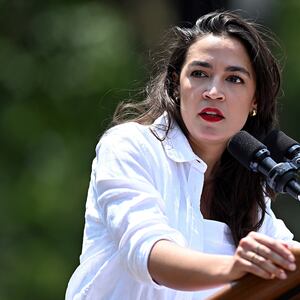 Alexandria Ocasio-Cortez speaks at a rally endorsing Jamaal Bowman at St. Mary's Park in the Bronx on June 22, 2024 in New York City. 