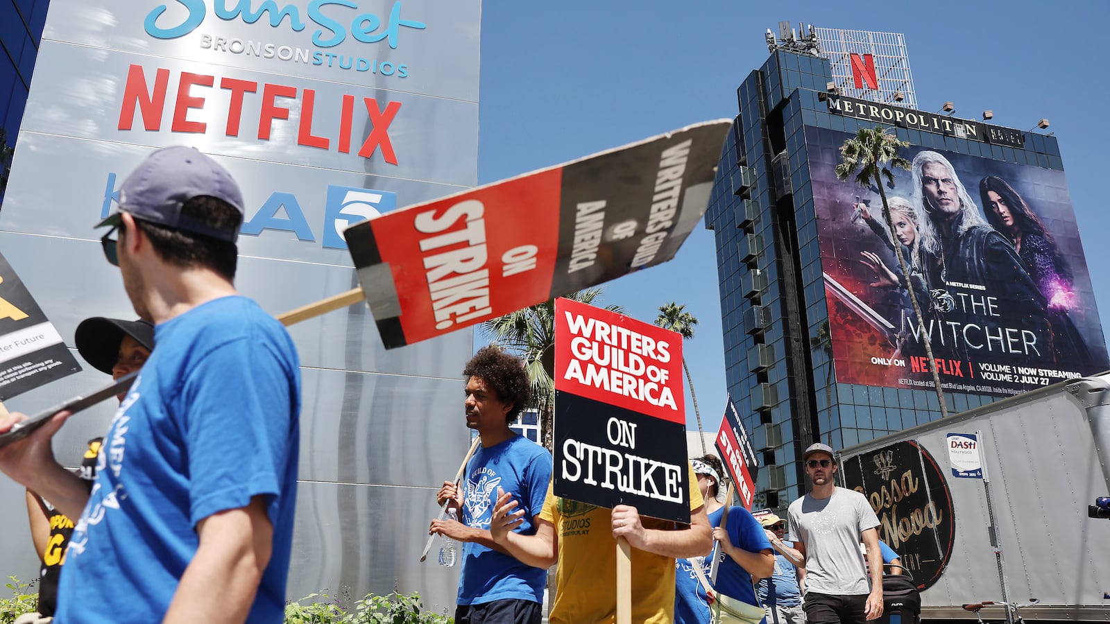 SAG-AFTRA and WGA members walk the picket line