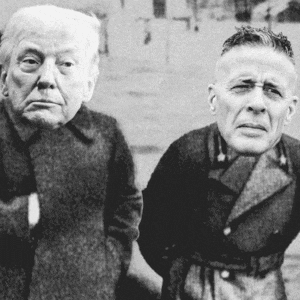 An animated GIF of Kristi Noem, Donald Trump, and Greg Bovino is style of a Stalin photograph.