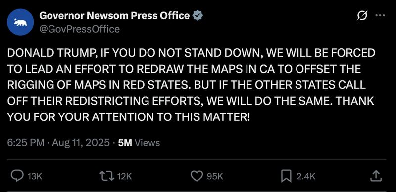 Screen grab of Gavin Newsom' office all-caps post.