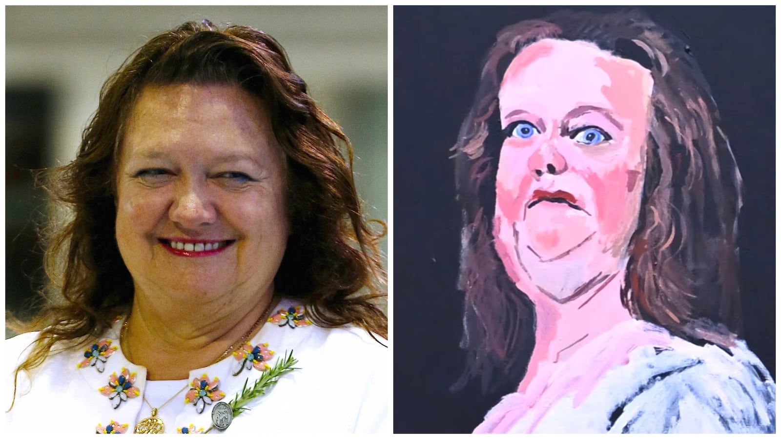 Side-by-side photos of Gina Rinehart and a portrait of herself she abhors.