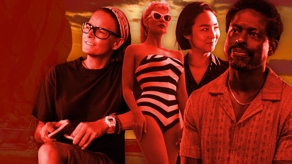 An illustration including photos of Margot Robbie in Barbie, Greta Lee in Past Lives, Sterling K. Brown in American Fiction, and Jodie Foster in Nyad