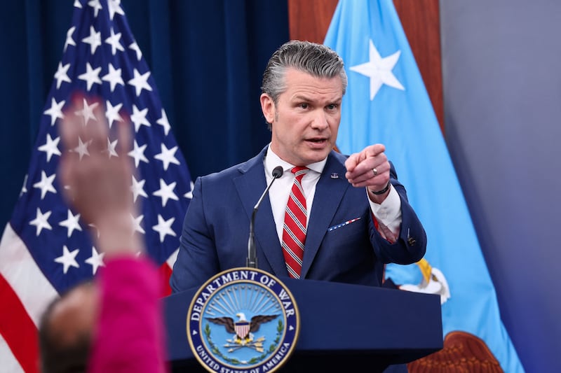 Defense Secretary Pete Hegseth holds a briefing on the Iran war at the Pentagon on May 5, 2026.