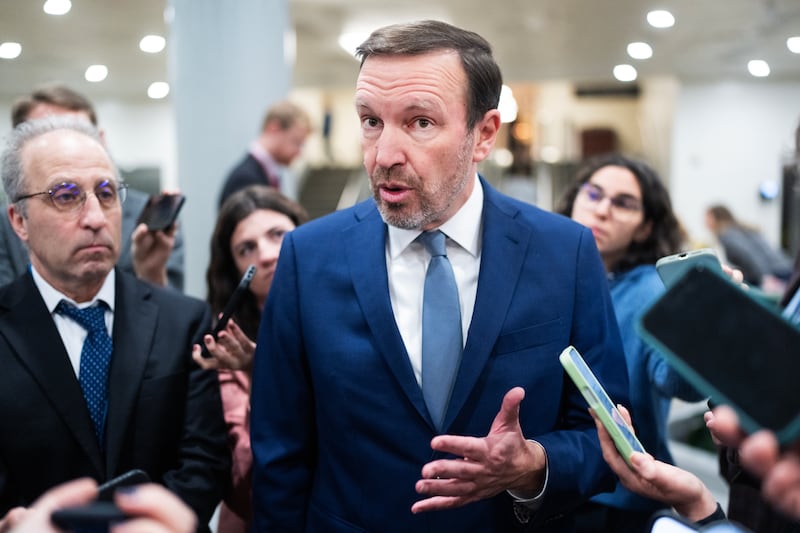 Sen. Chris Murphy, D-Conn., talks with reporters in the U.S. Capitol on Tuesday, November 4, 2025.