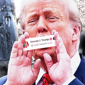 Donald Trump yelling with his Truth Social handle in front of his mouth and photos of the downed f-15 fighter jet in Iran behind him