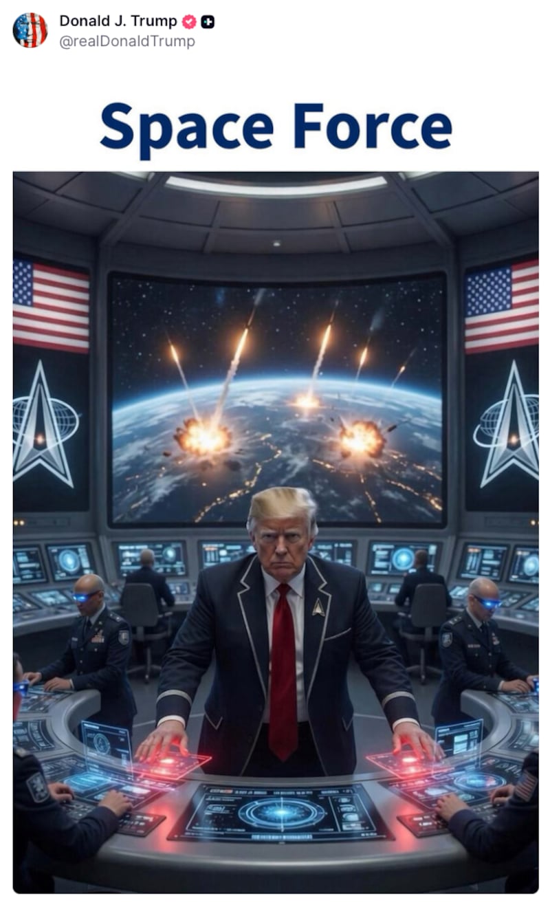 An AI-generated image of Trump at a military command center pressing the buttons that are seemingly launching missiles into space on a screen behind him.