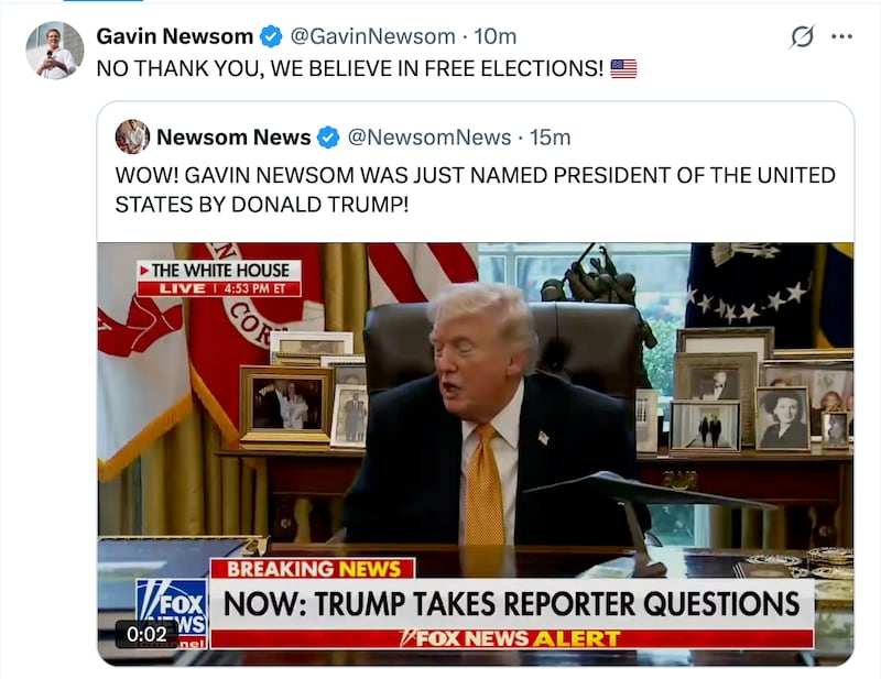 Newsom responds to Trump calling him president.
