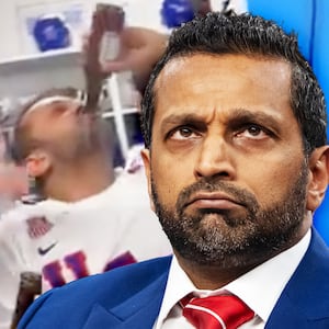 A photo composite of Kash Patel chugging a beer at the Winter Olympics and during a Senate Judiciary Committee hearing in Washington, DC.