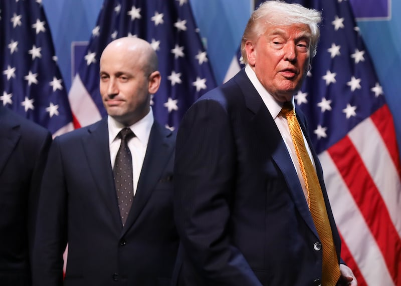 Donald Trump, President of the United States, and Stephen Miller, White House Deputy Chief of Staff, attend a press conference at the NATO Summit at the Presidential Complex in Ankara, Turkiye, on July 8, 2026. The North Atlantic Treaty Organization (NATO) is an international political and military organization established by the North Atlantic Treaty. Its members commit to protecting each other from any threat. The NATO Summit takes place this year in Ankara, where the NATO Public Forum and the NATO Summit Defense Industry Forum are held. (Photo by Klaudia Radecka/NurPhoto via Getty Images)