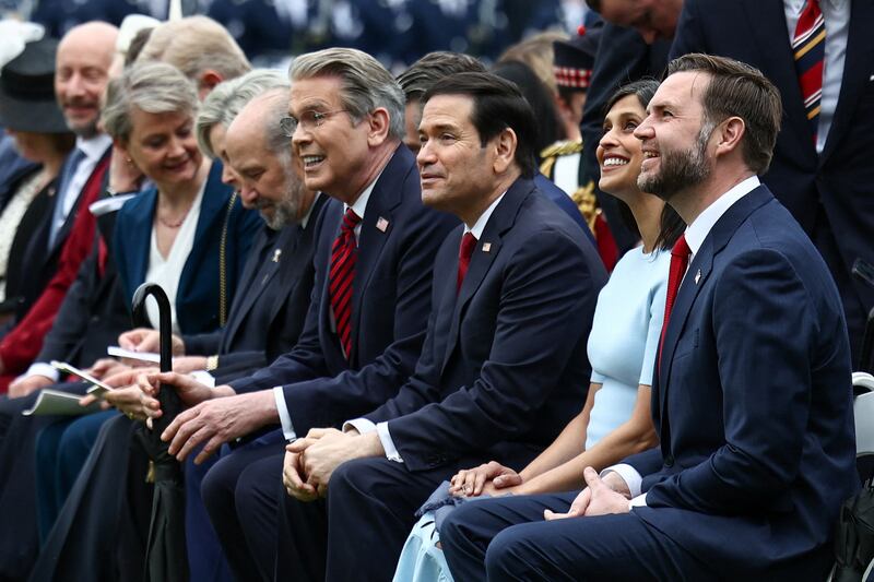UK Foreign Secretary Yvette Cooper, White House Chief of Staff Susie Wiles, US Commerce Secretary Howard Lutnick, Secretary of Treasury Scott Bessent, Secretary of State Marco Rubio, Second Lady Usha Vance, and Vice President JD Vance look on before US President Donald Trump, First Lady Melania Trump, Britain's King Charles III and Queen Camilla participate in an arrival ceremony on the South Lawn of the White House in Washington, DC, on April 28, 2026.     HENRY NICHOLLS/Pool via REUTERS