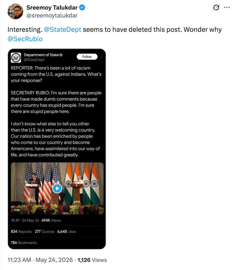 The State Department apparently deleted a post highlighting Rubio's remarks.