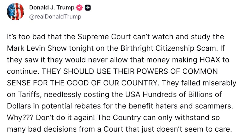 Screengrab of Trump's Truth Social post.