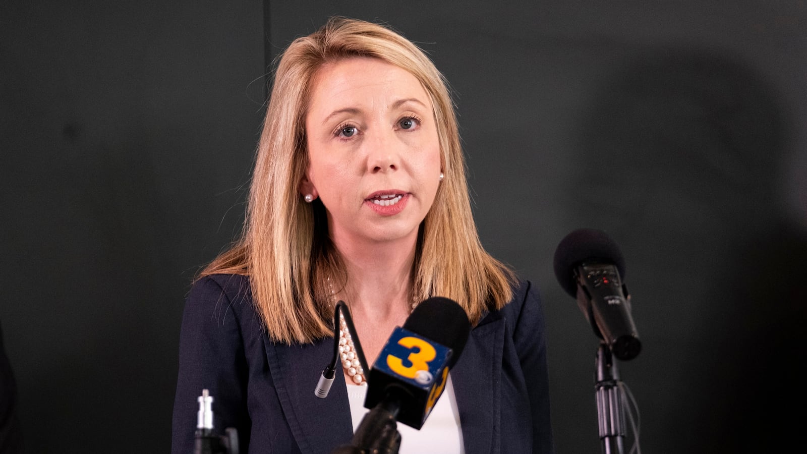 U.S. Attorney Jessica Aber speaks during a press conference in Norfolk, Virginia, on Aug. 9, 2023, announcing sentencing for two human trafficking cases in Hampton Roads.