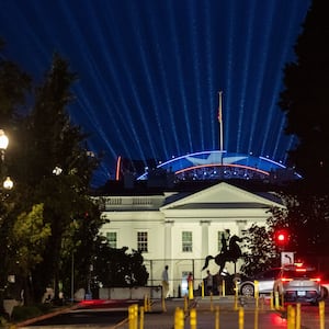 Lights shine from the Ultimate Fighting Championship ring during a test in preparation for the UFC Freedom 250 match on June 11, 2026 in Washington, DC.