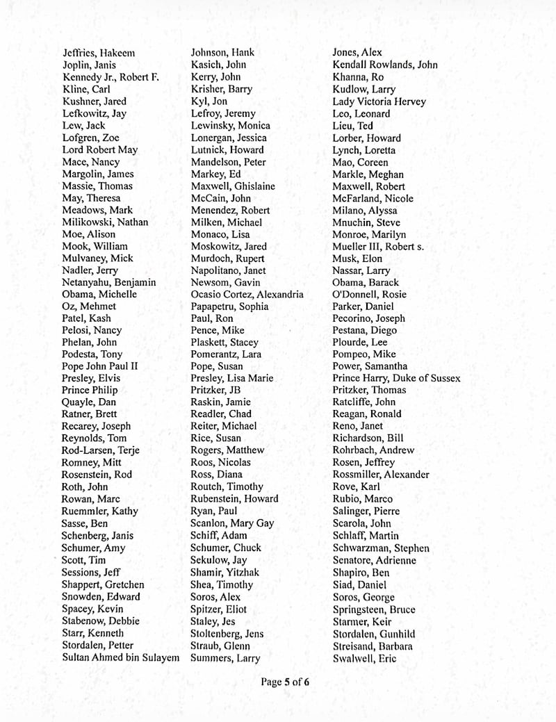 Page two of the list of "politically exposed persons" released by the DOJ.