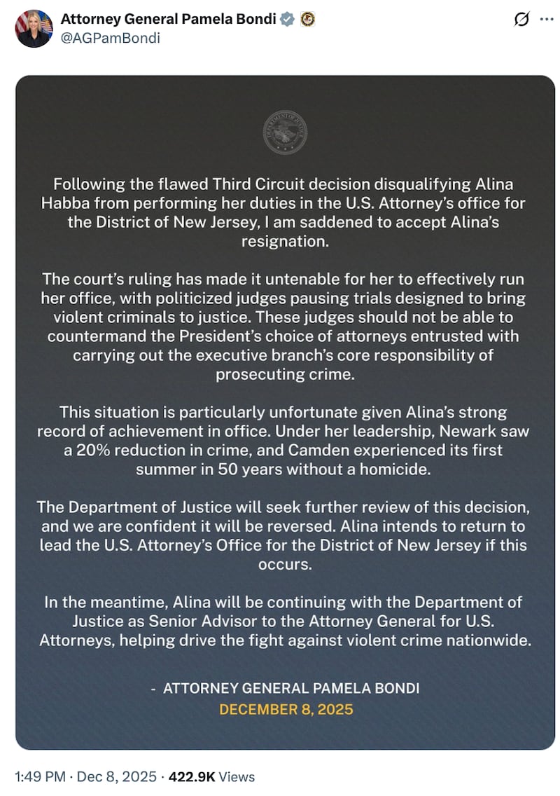 A Dec. 8 post from Attorney General Pam Bondi addressing Alina Habba's step down from her role as U.S. Attorney for the District of New Jersey.