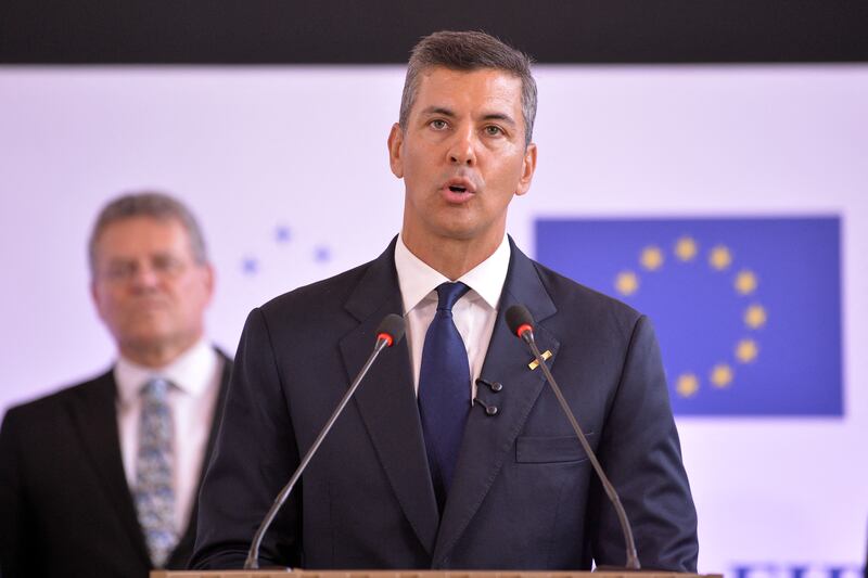 Paraguay's President Santiago Pena speaks during a press conference after the signing ceremony of the trade agreement between the European Union and Mercosur, at the Gran Teatro Jose Asuncion Flores of Paraguay's Central Bank in Asuncion on January 17, 2026. The South American bloc Mercosur and the European Union on January 17 signed a major trade deal that has been 25 years in the making. (Photo by Daniel Duarte / AFP via Getty Images)