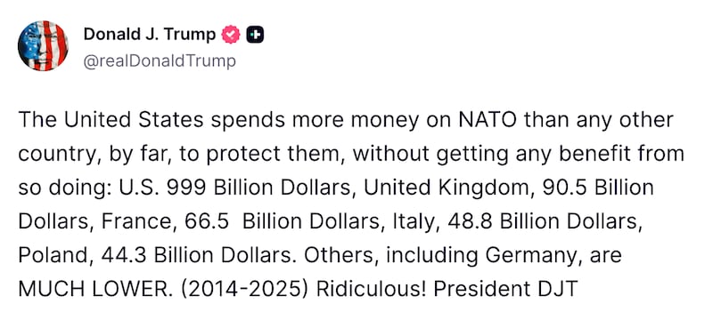 Screenshot of Trump’s Truth Social post.