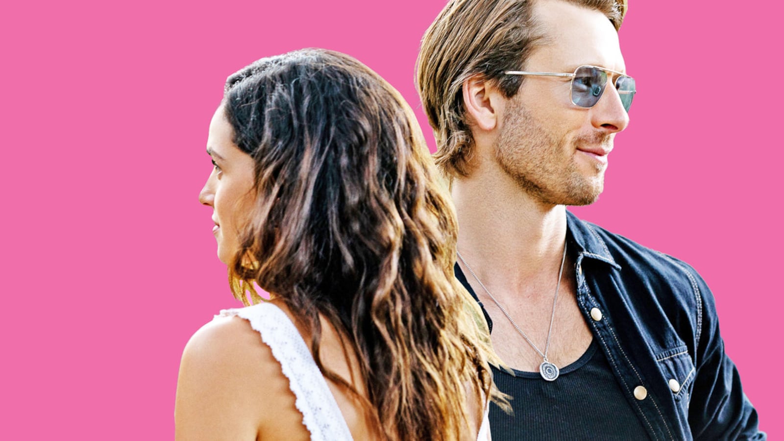 A photo illustration of Adria Arjona and Glen Powell