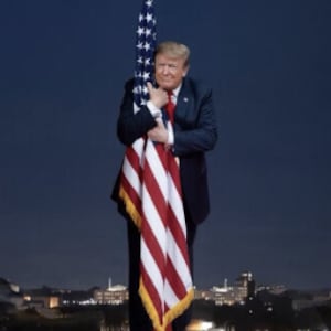 AI image of Trump hugging the American flag in front of the Washington Monument.