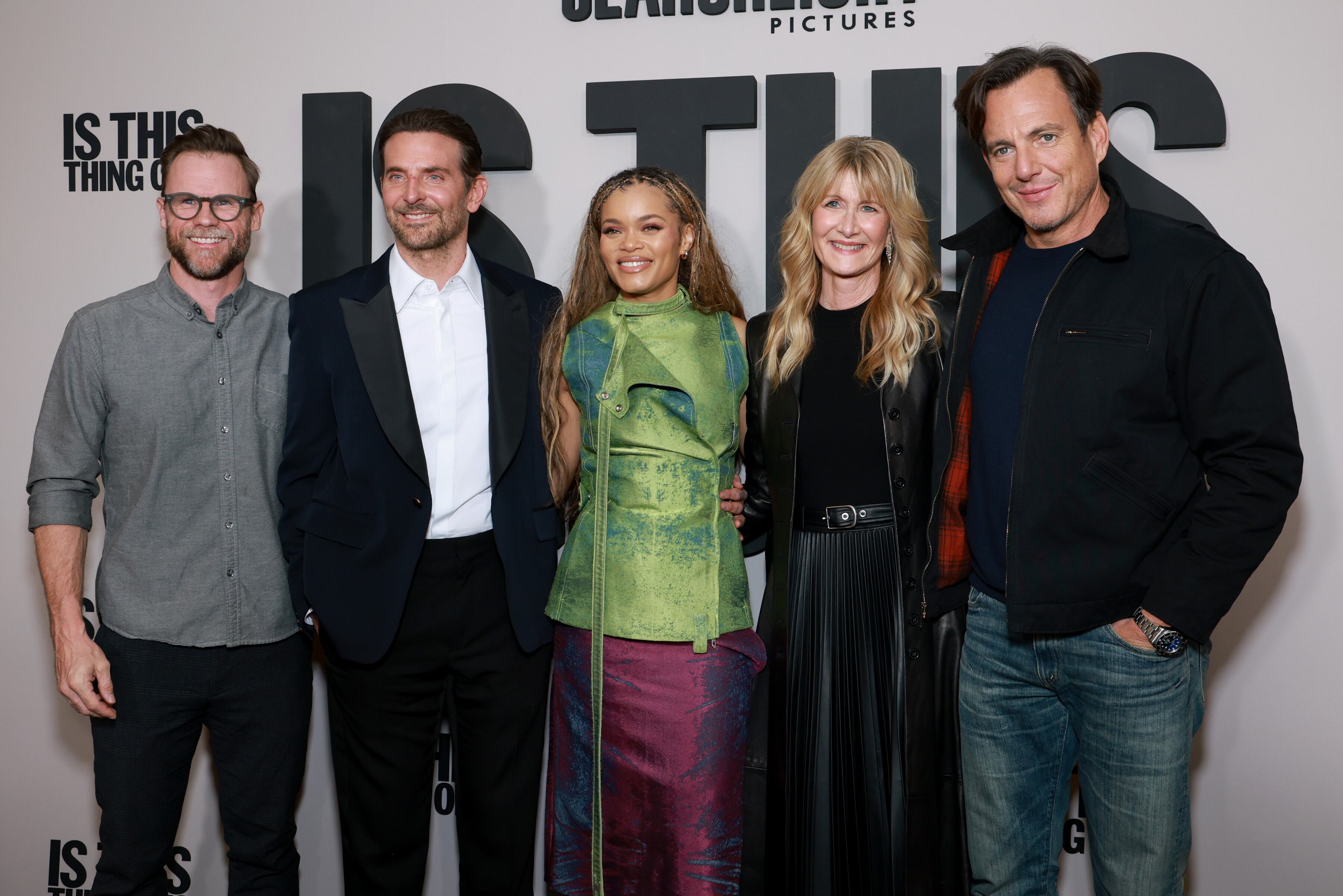 Weston Middleton, Bradley Cooper, Andra Day, Laura Dern, and Will Arnett at a special screening of "Is This Thing On" in New York City on December 10, 2025.