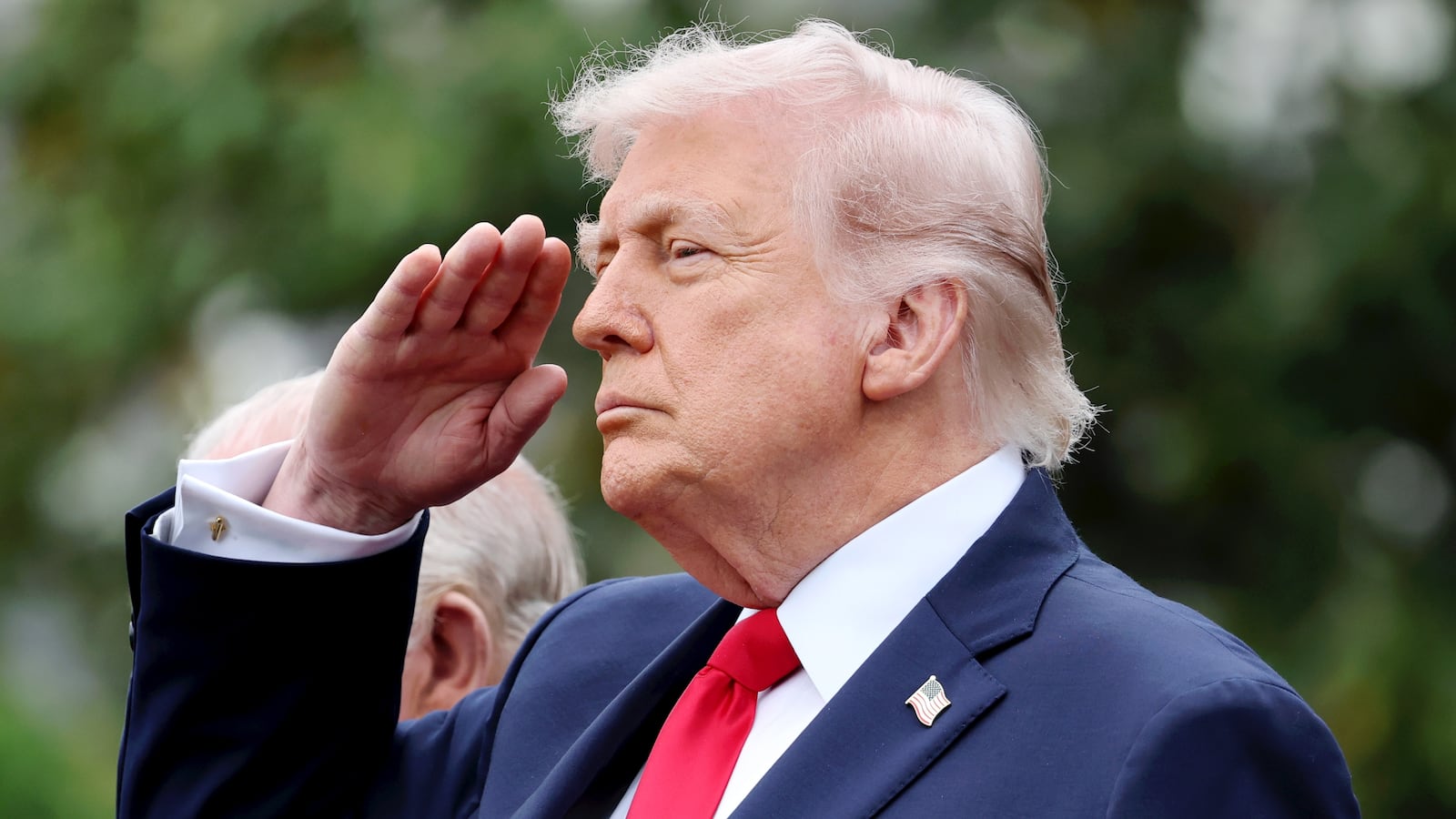 WASHINGTON, DC - APRIL 28: U.S. President Donald Trump salutes during the State Arrival Ceremony on the South Lawn on day two of the State Visit of King Charles III and Queen Camilla to the United States of America, on April 28, 2026 in Washington, DC. Their majesties are formally welcomed with a traditional military arrival ceremony on the South Lawn of the White House, the highest diplomatic honour extended by the United States to a visiting Head of State which dates back to the 18th century. (Photo by Chris Jackson/Getty Images)