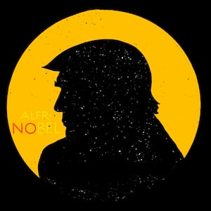 Illustration of Donald Trump inside a Nobel Prize with "No" highlighted