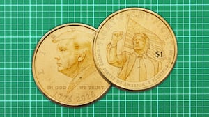 A photo illustration of Donald Trump on the $1 commemorative coin celebrating America's 250th birthday.