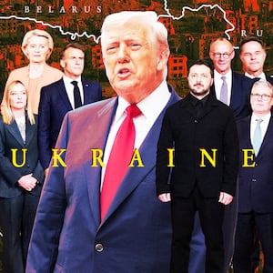 A photo illustration of President Donald Trump, Ukrainian President Volodymyr Zelenskiy, German Chancellor Friedrich Merz, French President Emmanuel Macron, British Prime Minister Keir Starmer, Italian Prime Minister Giorgia Meloni, and Finland's President Alexander Stubb, NATO Secretary General Mark Rutte and European Commission President Ursula von der Leyen over a map of destruction in Ukraine.