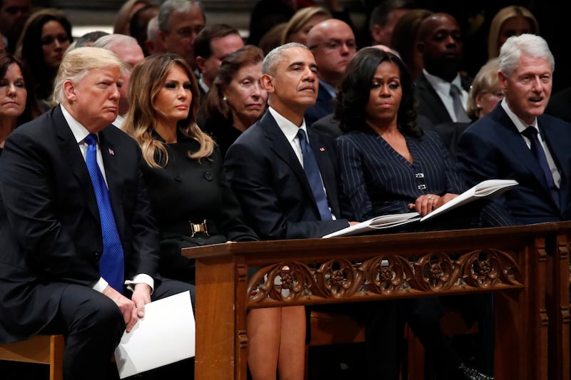 President Donald Trump, first lady Melania Trump, former President Barack Obama, Michelle Obama and former President Bill Clinton