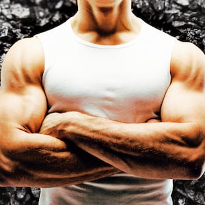 A photo illustration of a muscular man in front of a bowl of shilajit.