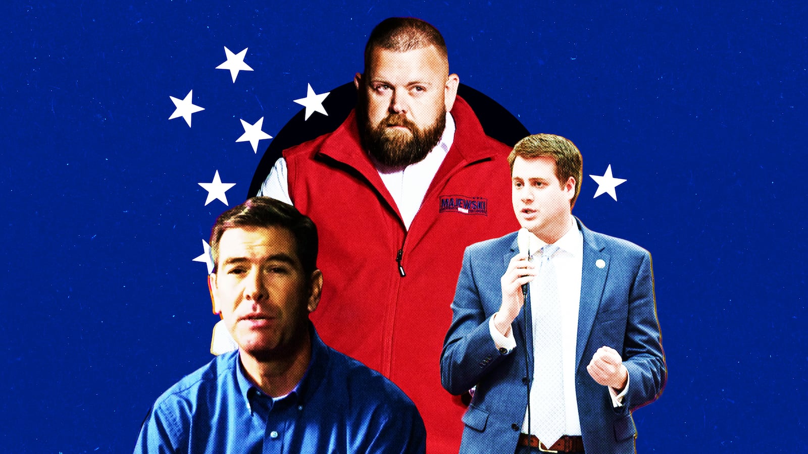 A photo illustration of Craig Riedel, J.R. Majewski, and Derek Merrin.