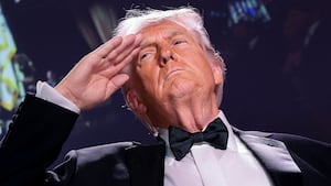 U.S. President Donald Trump salutes during the annual White House Correspondents' Association dinner in Washington, D.C., U.S., April 25, 2026.