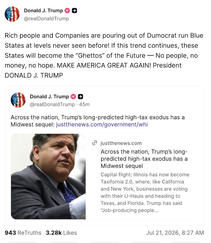 A screenshot of Trump's Truth Social post.