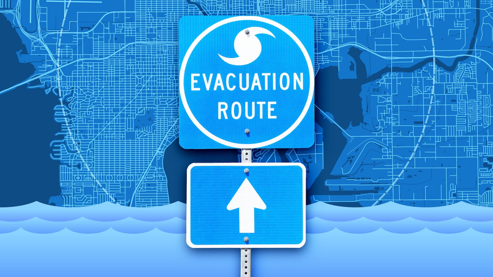 A photo illustration of Tampa Bay and hurricane evacuation sign.