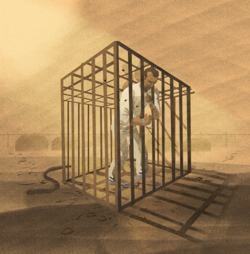 Individual held in ‘the box’ at “Alligator Alcatraz.” Described as a cage you would find at the zoo, where
people are shackled at their feet and wrists and chained to the ground, under the hot sun. © Tercer Piso