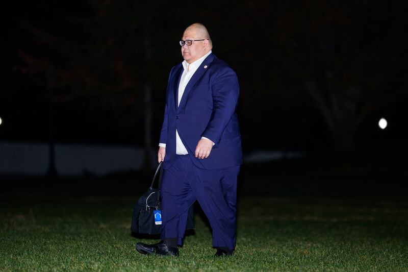 WASHINGTON, DC - NOVEMBER 2: White House Communications Director Steven Cheung arrives at the White House on November 2, 2025 in Washington, DC. Trump spent the weekend at his Mar-a-Lago club in Palm Beach, Florida. (Photo by Aaron Schwartz/Getty Images)