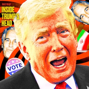 A photo illustration of Donald Trump and Jeffrey Epstein for Inside Trump's Head podcast entitled "Can't Save Himself."