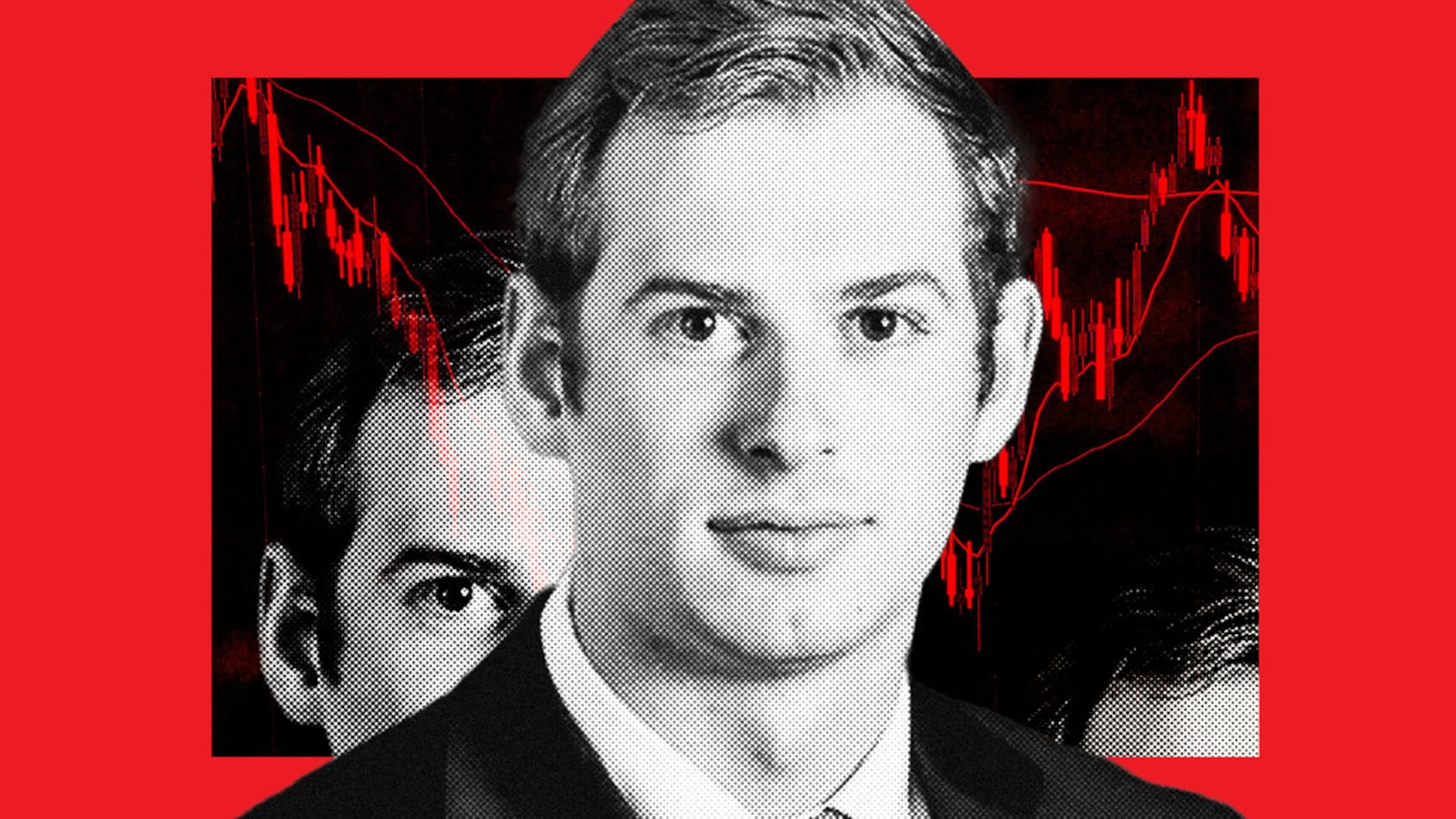 A photo illustration of William Tyler Allen with an unsteady stock index behind him.