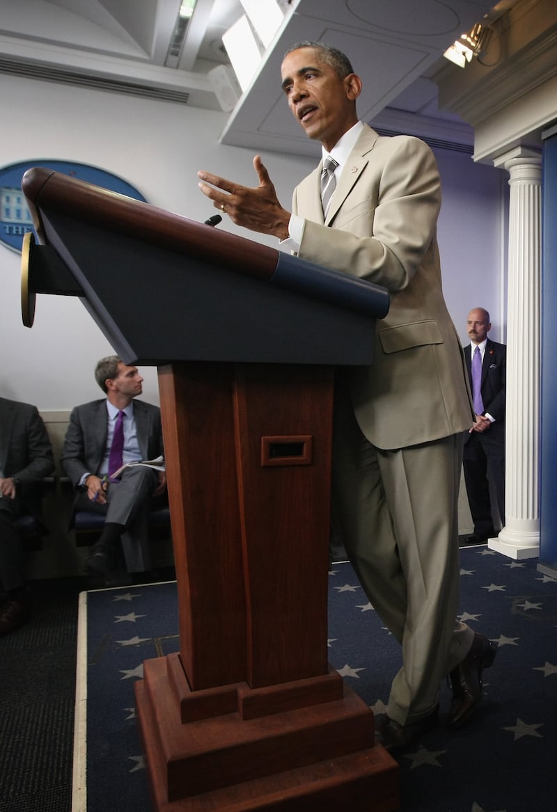 WASHINGTON, DC - AUGUST 28:  U.S. President Barack Obama makes a statement at the James Brady Press Briefing Room of the White House August 28, 2014 in Washington, DC. President Obama spoke on various topics including possible action against ISIL and immigration reform.  (Photo by Alex Wong/Getty Images