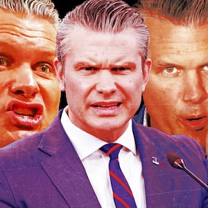 A photo illustration of Pete Hegseth during press conferences.