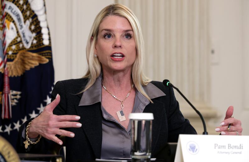 WASHINGTON, DC - OCTOBER 23: U.S. Attorney General Pam Bondi delivers remarks as U.S. President Donald Trump delivers an announcement on his Homeland Security Task Force in the State Dining Room of the White House on October 23, 2025 in Washington, DC. Trump announced the successes of his administration’s task force including the arrests of  over 3,000 cartel and foreign terrorist members. (Photo by Alex Wong/Getty Images)