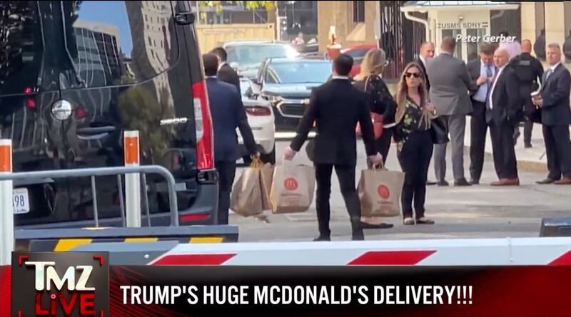 Cameras captured President Donald Trump’s team carrying in huge bags of McDonald’s around lunchtime during his hush-money trial in New York City.
